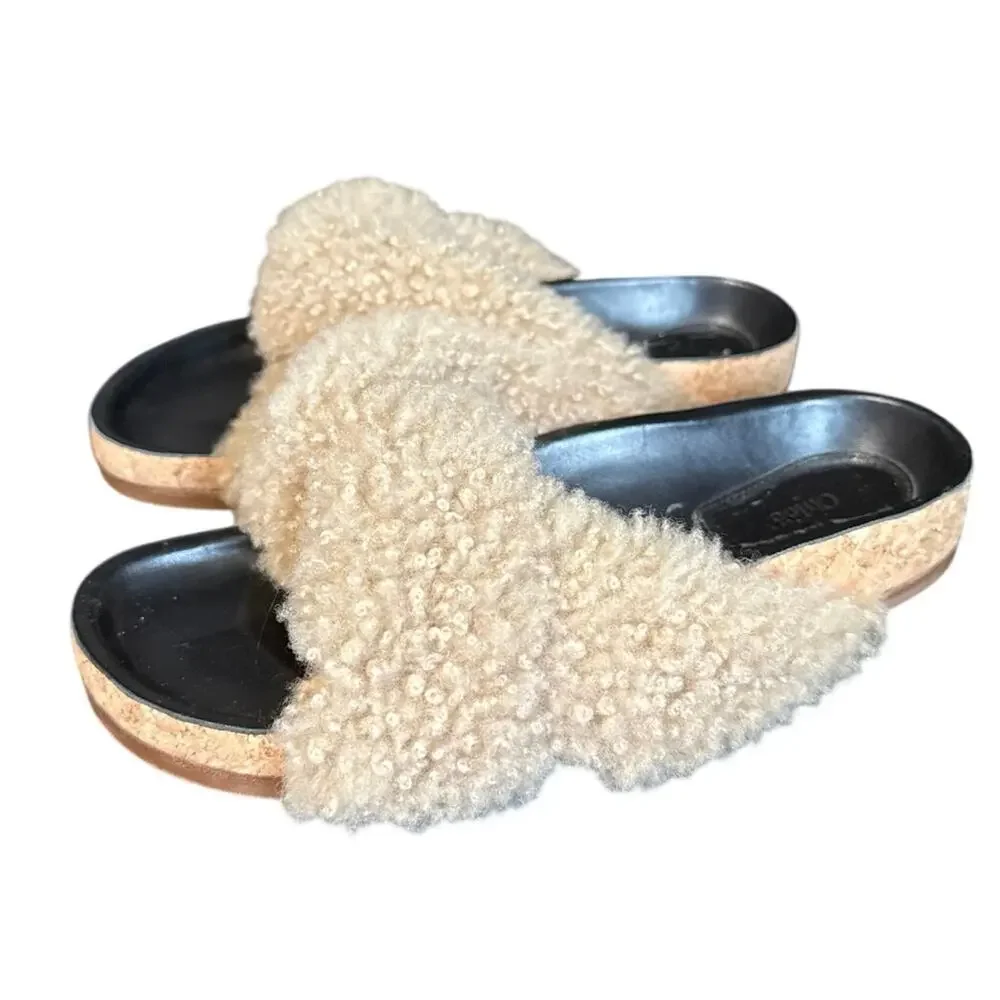 Chloe Kerenn Beige Fur Shearling Cork Slides Sandals Size 36 EU Size 6 US